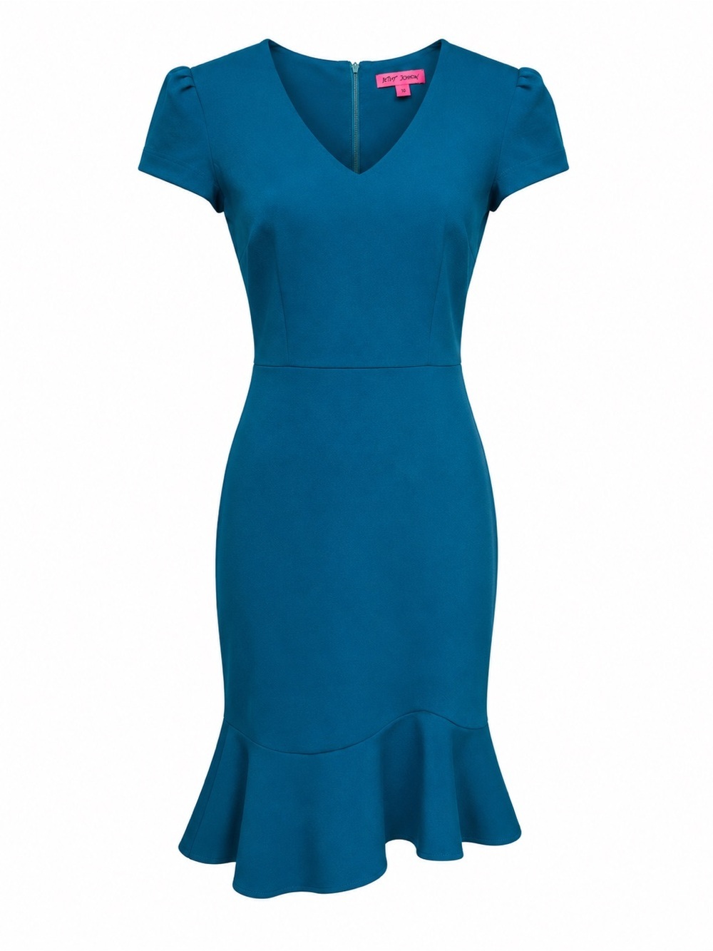 Betsey Johnson Teal V-Neck Mermaid Flounce Hem Sheath Dress – Size 10 – Like New